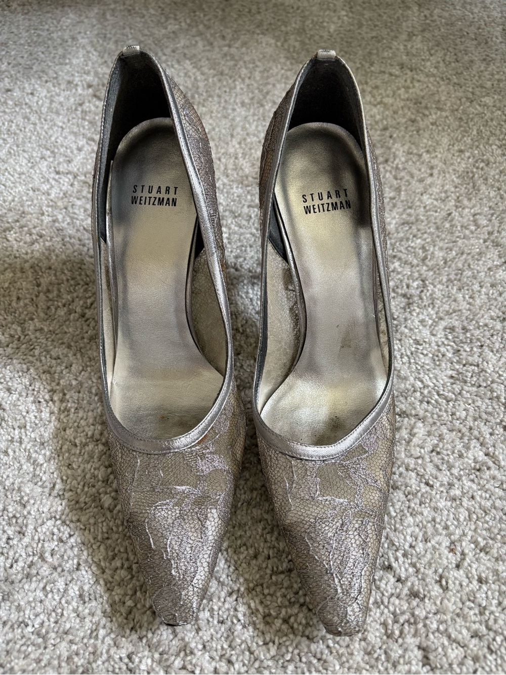 Stuart Weitzman Metallic Silver Lace Pointed-Toe Pumps